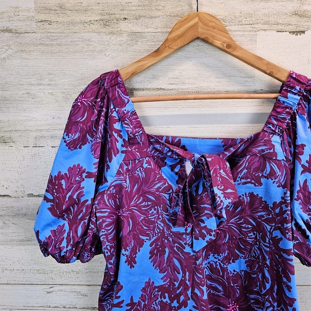 Lilly Pulitzer Torrey Floral Tie Back Top 10 Stretch Poplin Puff Sleeves Preppy